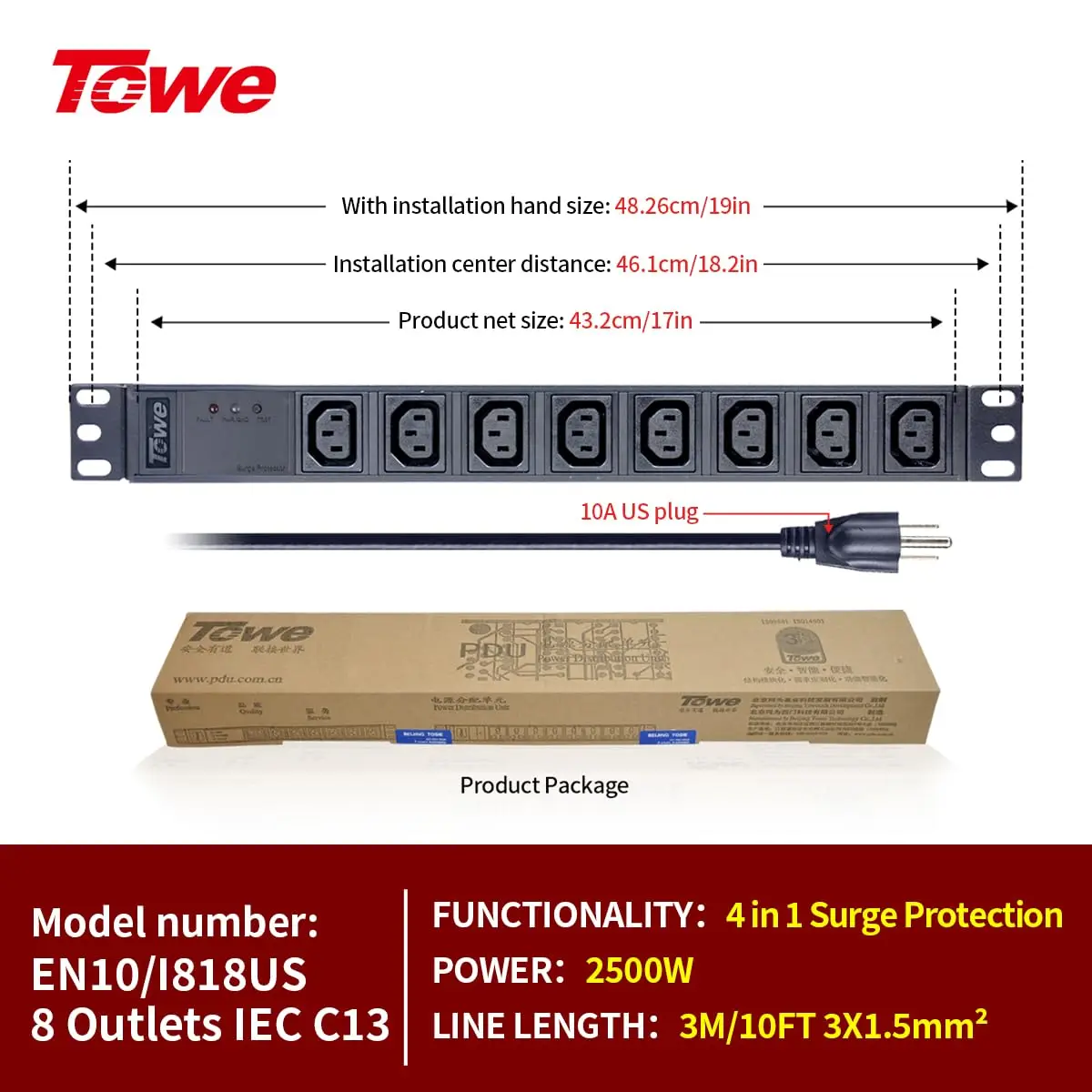 IEC C13 8 Outlet Heavy Duty Metal Rack PDU 10A 2500W Power Distribution Unit with US Plug Cable for Server Cabinet Data Center