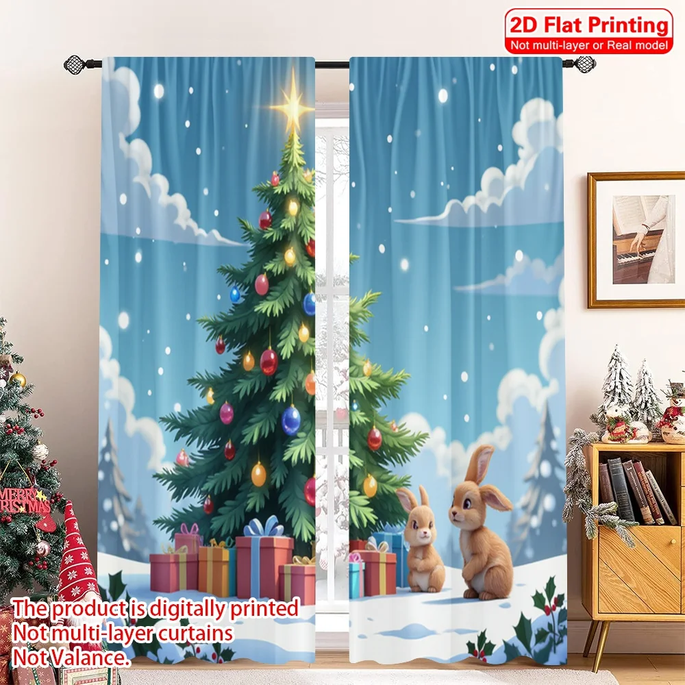 

2pcs 2D flat printing Merry Christmas Window Drapes Cute Bunny Christmas Tree Gifts Fabric Without Electricity Festive Curtains