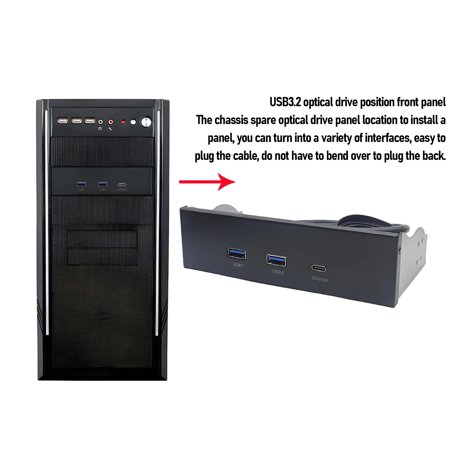 Hub pannello frontale USB 3.2 GEN2x2 USB A TIPO C 3 porte Pannello di estensione unità ottica da 5,25 pollici 19 pin 20 Gbps per computer PC