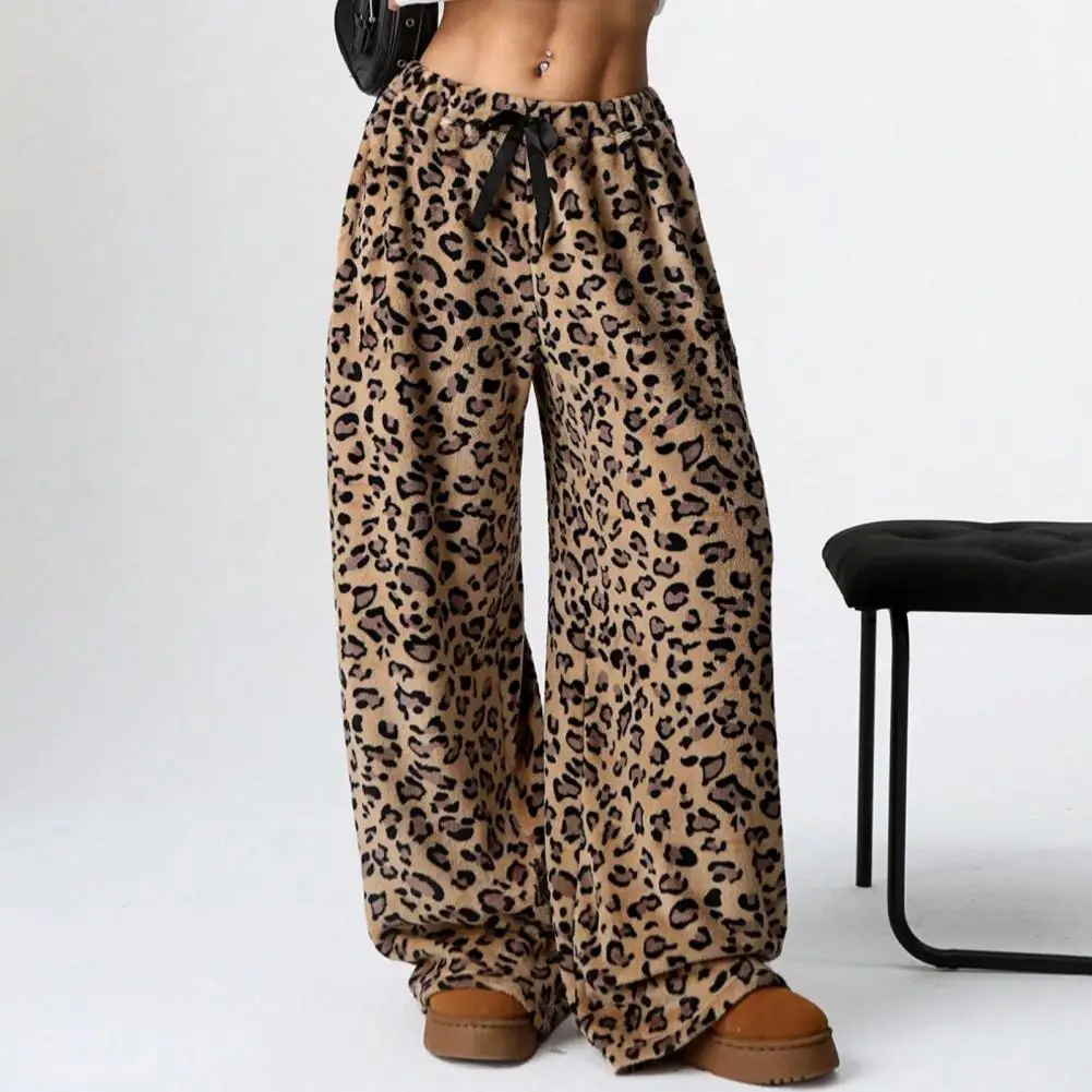 

Women Casual Trousers Elastic Waistband Drawstring Tie Pajama Bottoms Leopard Print Wide Leg Lounge Pants Loose Fit Casual Pants