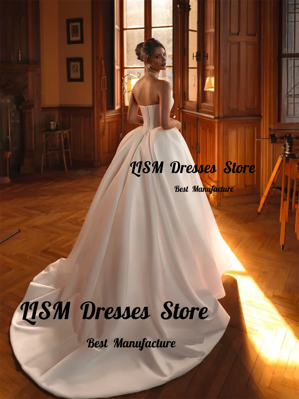 Lism Customized Satin Ball Gown Wedding Dress Fitted Bodice Chapel Train Bridal Dress For Bride Minimalist Wedding Party Gown