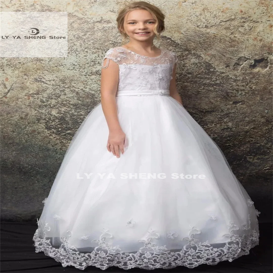 

White Flower Girl Dresses Satin Tulle Appliques Lace With Bow Short Sleeve For Wedding Birthday Banquet First Communion Gowns