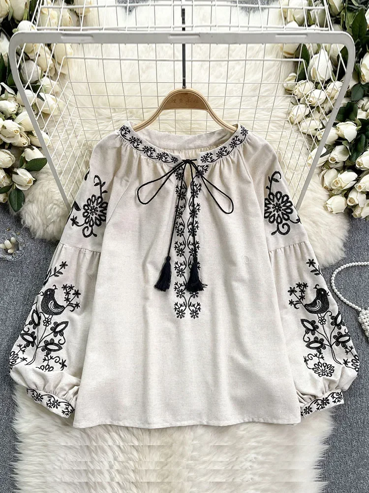 Women's Bohemian Blouse Ethnic Style Retro Embroidered Lace Up Tassel O-Neck Loose Bubble Sleeve Blusa Vacation Shirt Top BL004