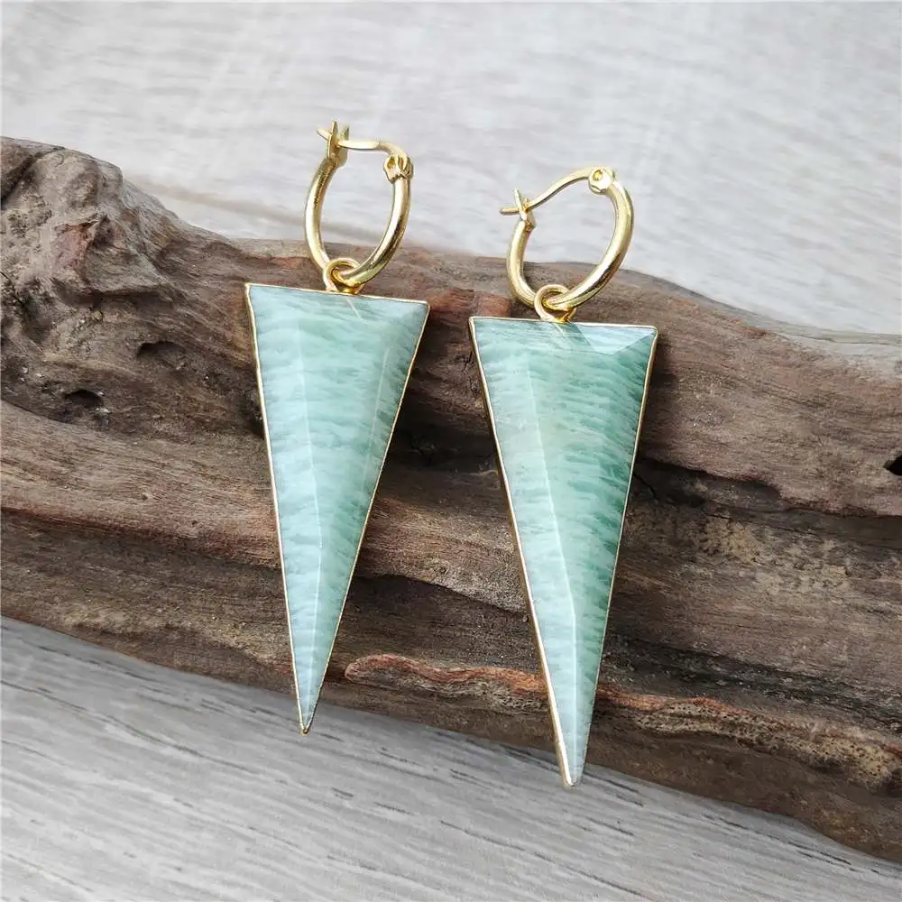 

FUWO Carved Triangle Shaped Amazonite Earrings,Gold Color Plated Handmade Natural Green Crystal Hoop Earring ER428 5Pairs/Lot