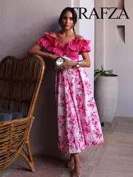 TRAFZA-Falda larga de cintura alta para mujer, falda elegante con estampado Floral Vintage, cremallera trasera, pliegues, decoración, informal, Y2K, nueva moda