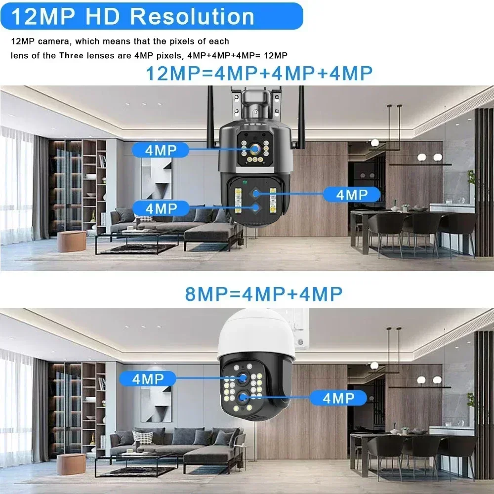 6K 12MP 10X PTZ Zoom Camera 3-Lens 2-Screen Security IP Camera 4K Auto Tracking Video CCTV Wifi Surveillance Camera IPC360 Home