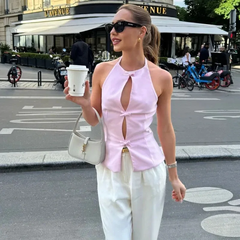 Women Fashion Sexy Hollow Out Single Row Bow Tie Halter Neck Vest Shorts Two Piece Set Summer Fresh And Sweet Lady Clothing