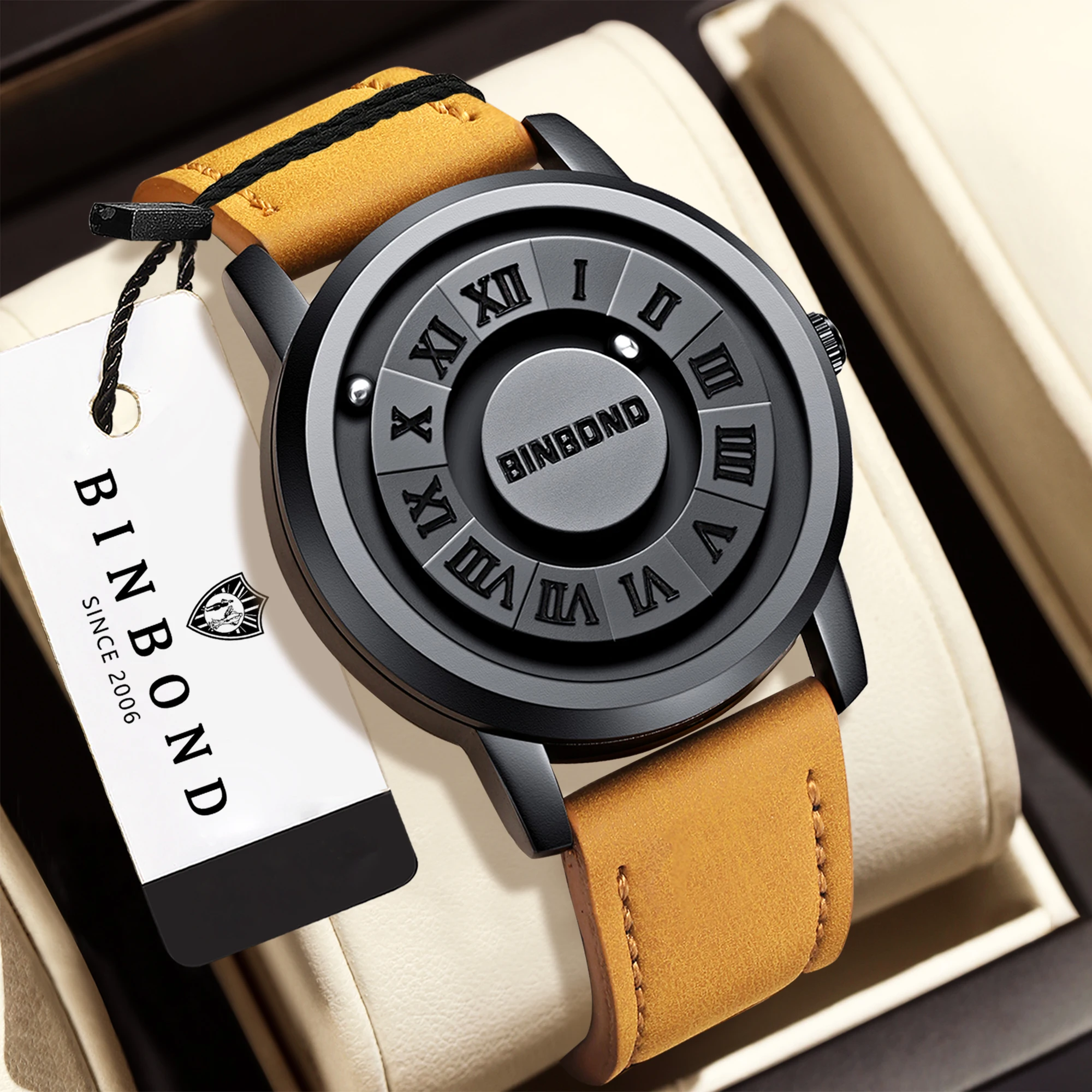 BINBOND Magnetic Force Bead Men's Precise Quartz Watch Waterproof Watch For Men Luxury Men's Watches Durable Real Leather Reloj