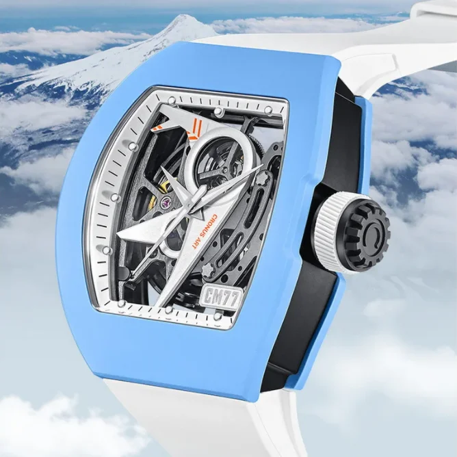 

CRONUSART Men Automatic Watch 50mm Tonneau Mechanical Wristwatch Luminous Fluororubber Strap Skeleton Aviator Dial