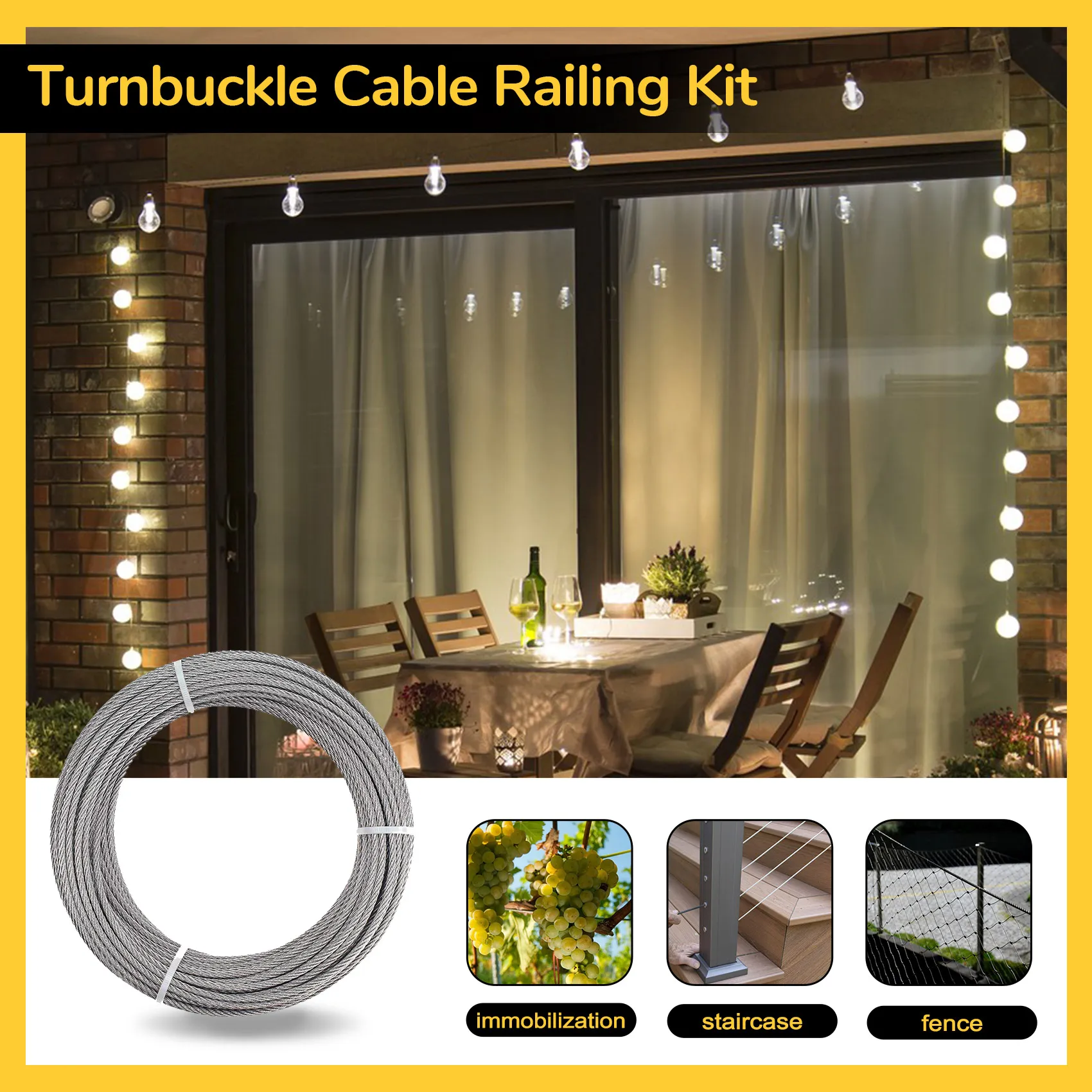 [A92P!】 1Set 1/16Inch Turnbuckle Wire Tensioner Kit 115Ft Wire Rope Hook And Eye Turnbuckle Kit Stainless Steel