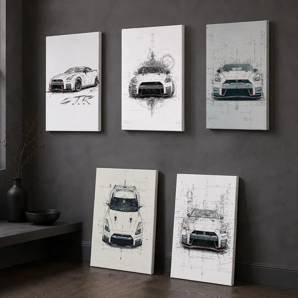 Car N-Nissan GTR-R35 Pencil Illustration Framed Wall Painting Modern Framed Canvas Wall Art Print Home Decoration Poster