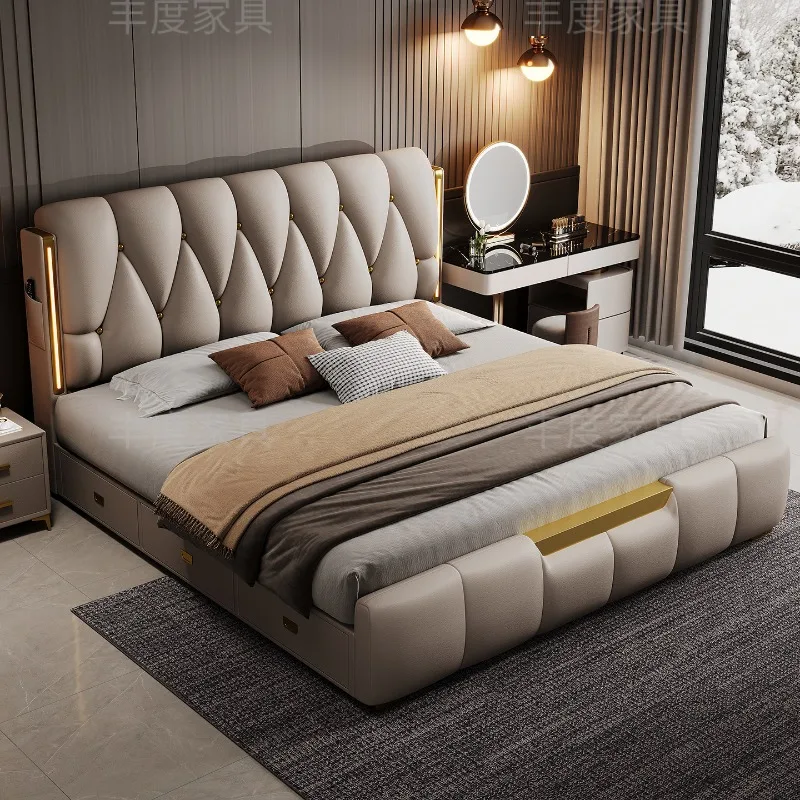 King Size Leather Bed European 200x220cm Nightstands Lounge Bed Storage Upholstery Cama De Lujo Para Dormitorio Home Accessories