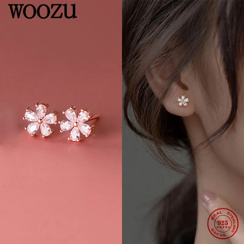 WOOZU European 925 Sterling Silver Cute Five Petal Flower Crystal Zircon Stud Earrings For Women French Sweet Girl Party Jewelry