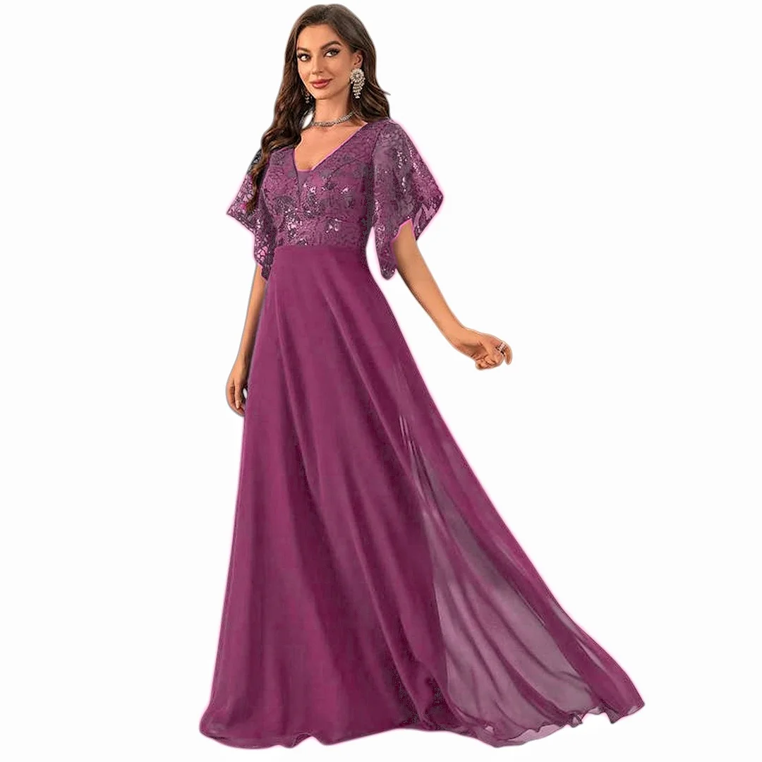 فساتين شيفون مضيئة نصف كم فساتين أم العروس على شكل حرف v دانتيل ترتر كشكشة للحفلات الراقصة فساتين سهرة رسمية طويلة للنساء #6