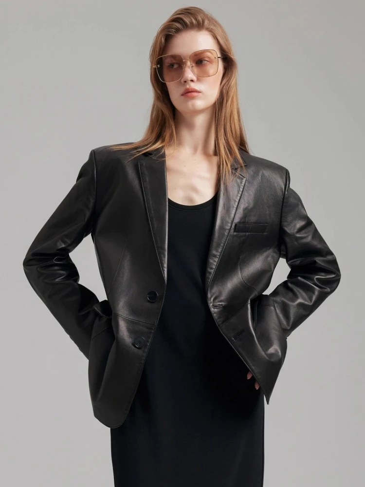

Classic Black Genuine Leather Blazer Jackets for Women Spring Autumn 2026 New High-end Simple Soft Slim Real Sheepskin Coat