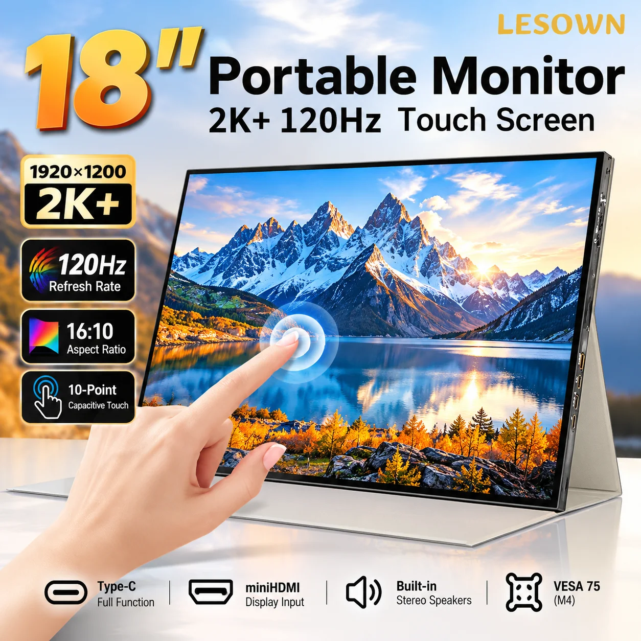 LESOWN 16/18 Inch 120Hz 16:10 LCD Screen 1920x1200 WUXGA Type-C Mini HDTV VESA 75 M4 with Speakers for DIY Monitor Projects