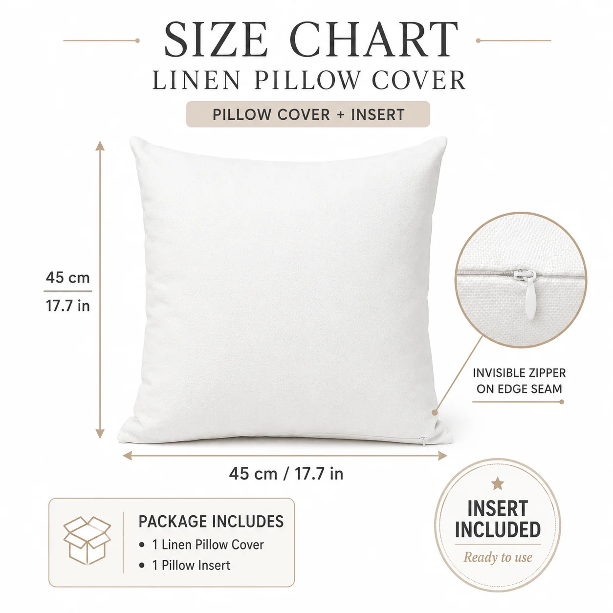1PC 45x45cm White Linen Sublimation Pillow with Insert, Blank Heat Transfer Cushion with Hidden Edge Zipper for DIY Crafts