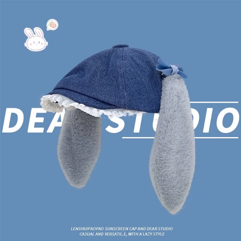 

Japanese Sweet Plush Rabbit Ears Lace Edge Denim Forward Hat Women's Autumn and Winter Cute Bow Decoration Flat Top Painter Cap