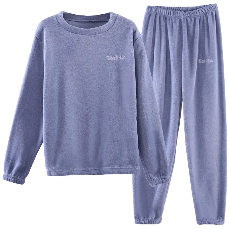 2Pcs/Set Autumn and Winter Coral Fleece Pajamas Thickened  Warm man And women Soft Long Sleeve Long pants Couple Homewear