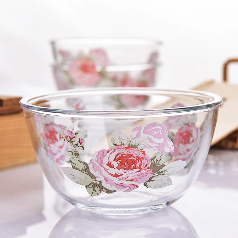 Glass Bowl Retro Flower Round Breakfast Milk Salah Large Bowl 5 Inch Thickened Rice Ramen Bowl Elegant Home Kitchen Tableware