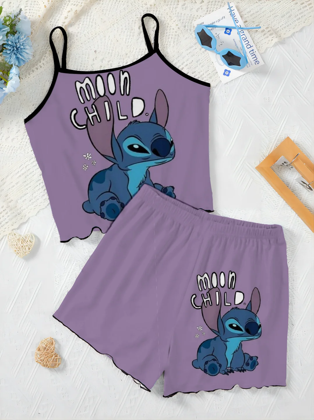 Stitch Top T-shirt Krótkie zestawy dla kobiet 2-częściowe wykończenie sałaty Disney Garnitur damski Sukienka na ramiączkach Elegancki 2-częściowy Luksusowy dom Disney