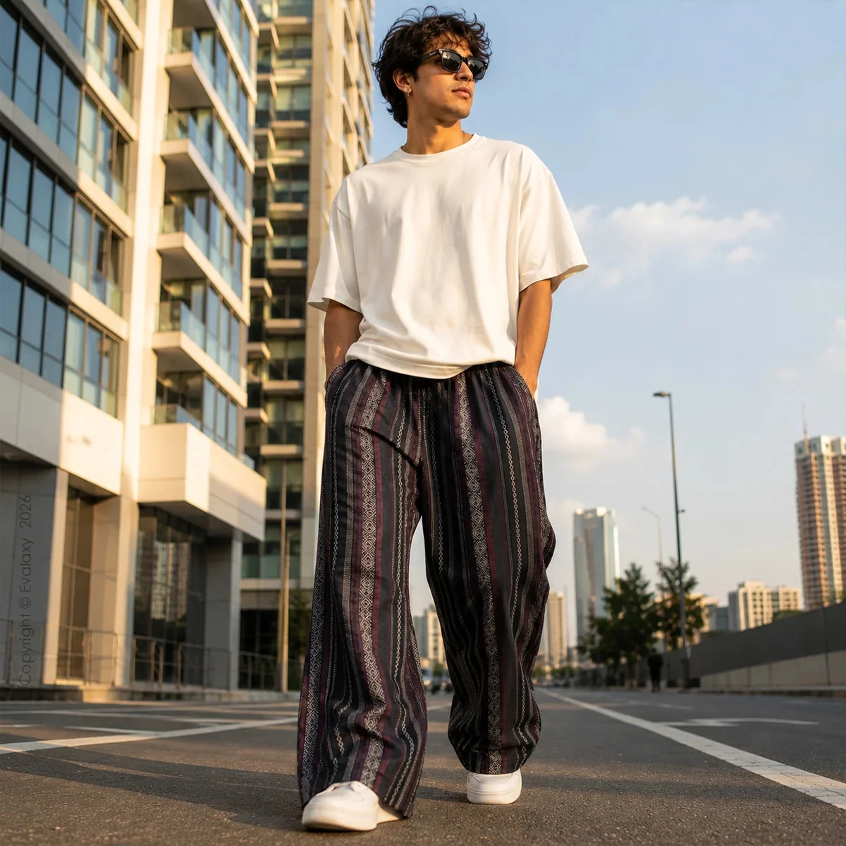 Colorful Ethnic Stripe Trendy Casual Long Pants, Cool Soft Skin Friendly Touch for Adults and Kids Bohemian Market Visit