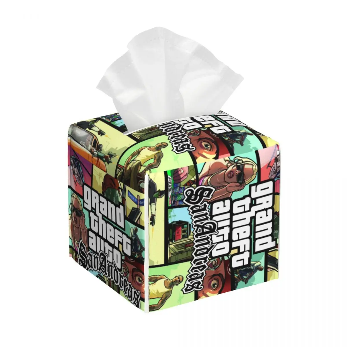 Custom Grand Theft Auto San Andreas Tissue Box Cover PU Leather Square GTA Video Game Facial Tissues Holder for Office