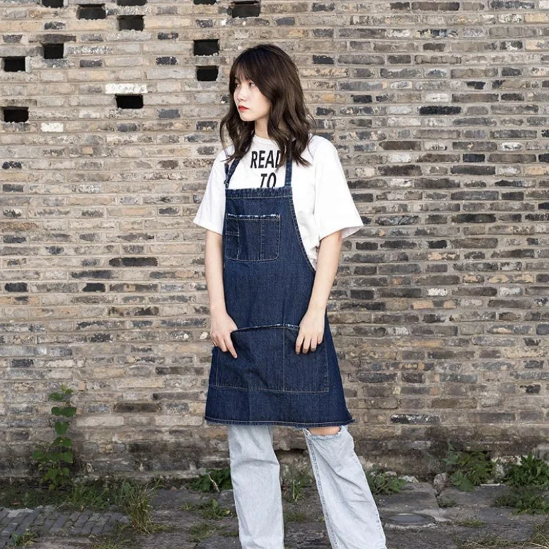 Japanese Washed Cotton Denim Aprons, Enlarged Coffee Shop Milk Tea Shop Gardening Workwear,Fashionable Apron Kitchen Accessories view 6
