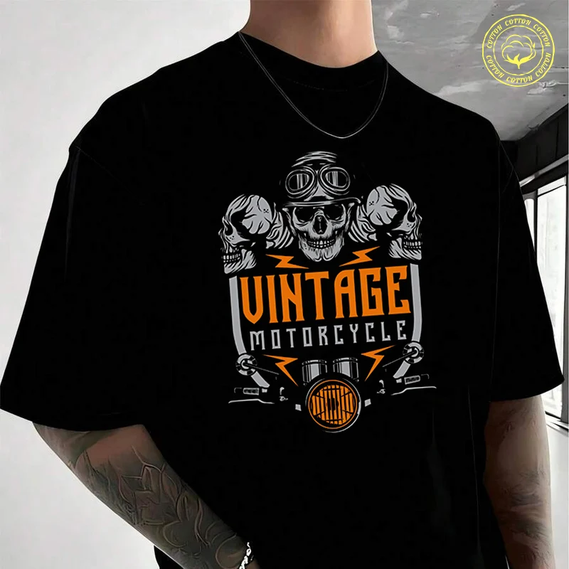 

Vintage Custom Motorcycle Skull Men's Cotton T-Shirt Moto New Casual O-neck Short Sleeve Summer Streetwear Tees