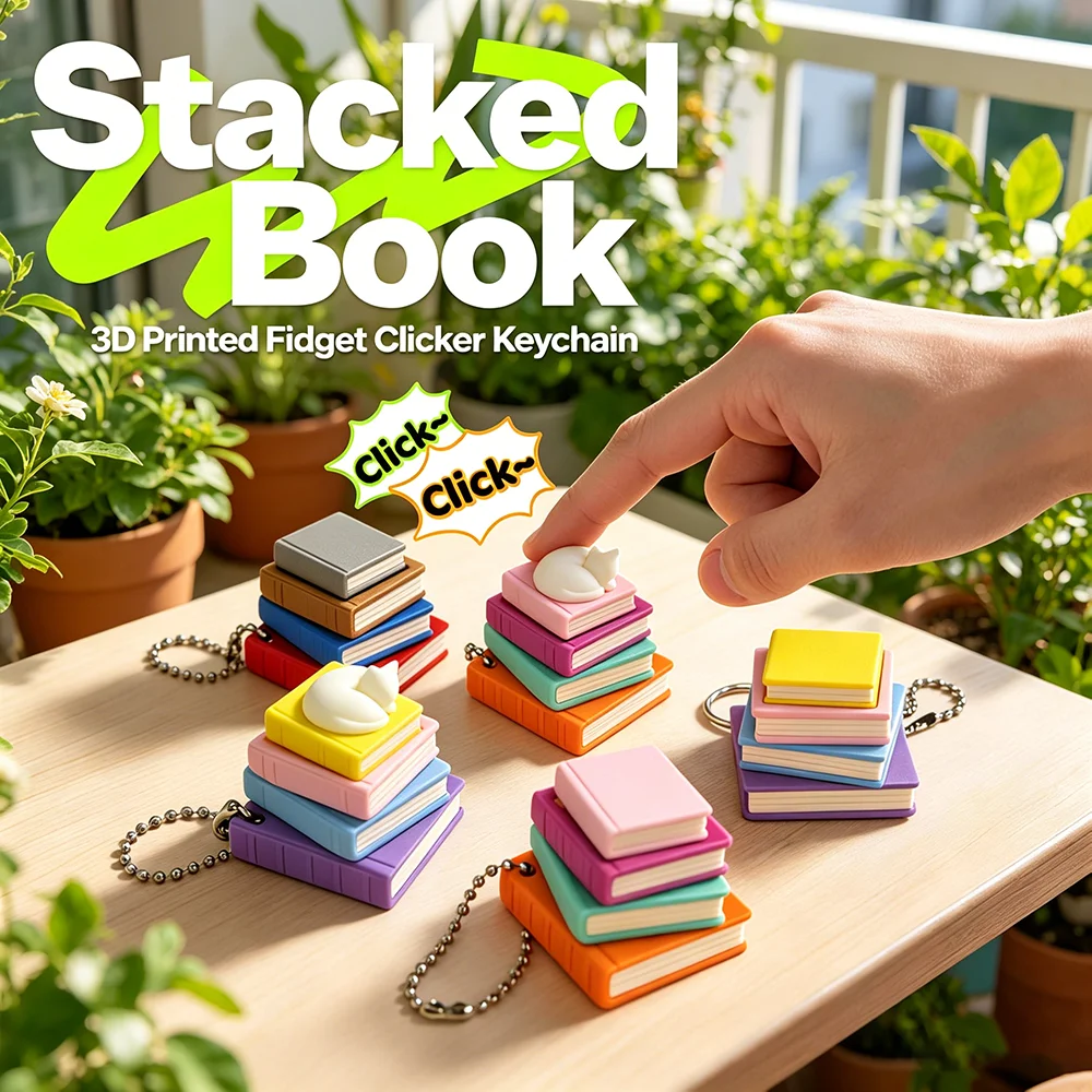 Multicolor Mini 3D Printed Stacked Book Fidget Clicker Keychain Cute Sensory Fidget Toy for Backpack Pendant Charm Favor Gifts
