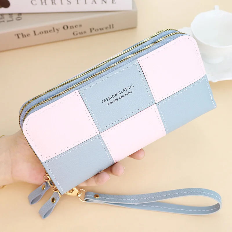 New Korean Style Women Long Wallet Double Zipper Large Capacity Spliced Coin Purse Phone Pocket Ladies Clutch Purse