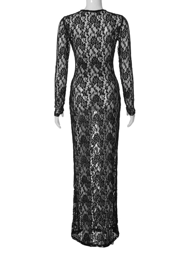 Hugcitar Floral Print Long Sleeve Sexy Bodycon Sheer See Through Maxi Dress 2023 Fall Women Fashion Streetwear Party Outfit Y2K