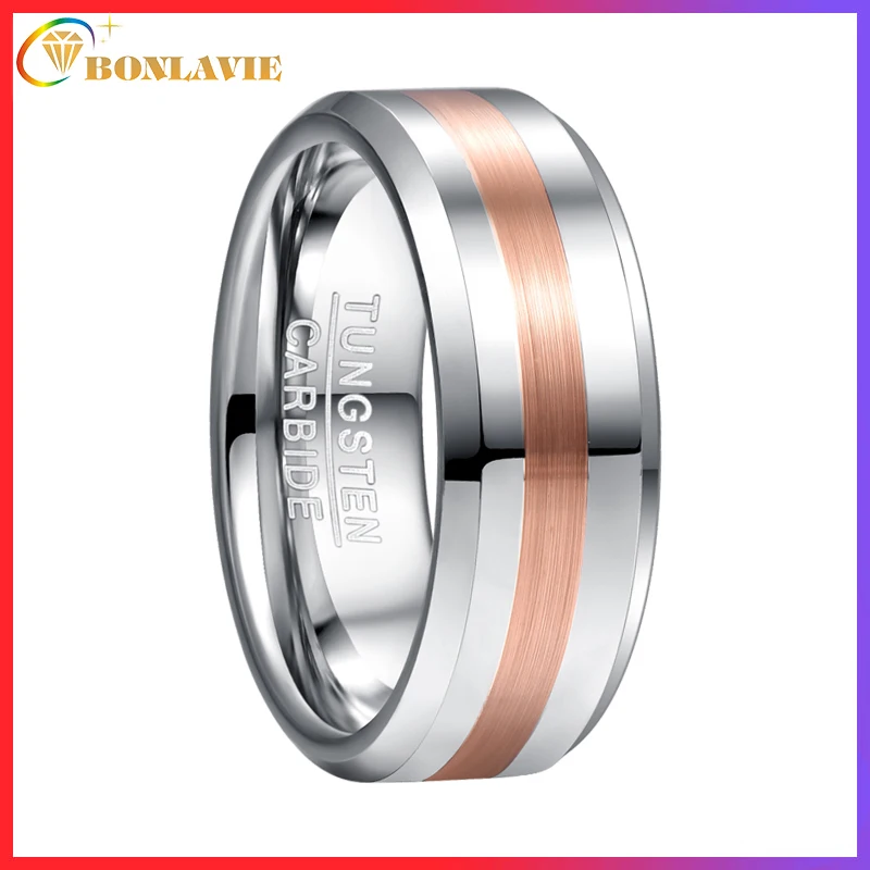 BONLAVIE 8mm Men's Ring Middle Brushed Tungsten Steel Carbide Ring Electric Rose Gold Color Polished Band Engagement Ring