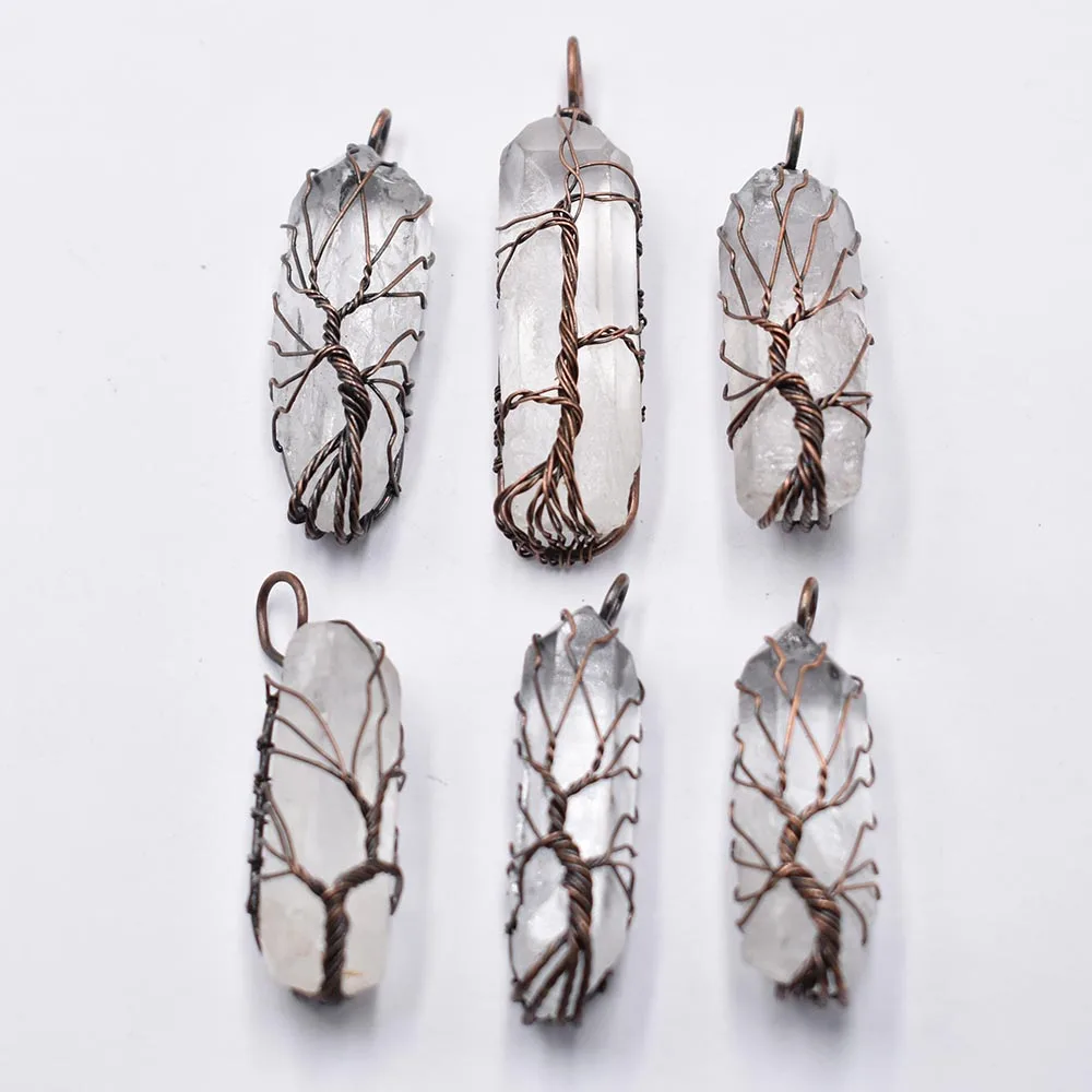 Natural White Crystal Pillar Pendants Handmade Antique Copper Wire Wrapped Tree of Life Wholesale 6Pcs/Lot for Necklace Jewelry