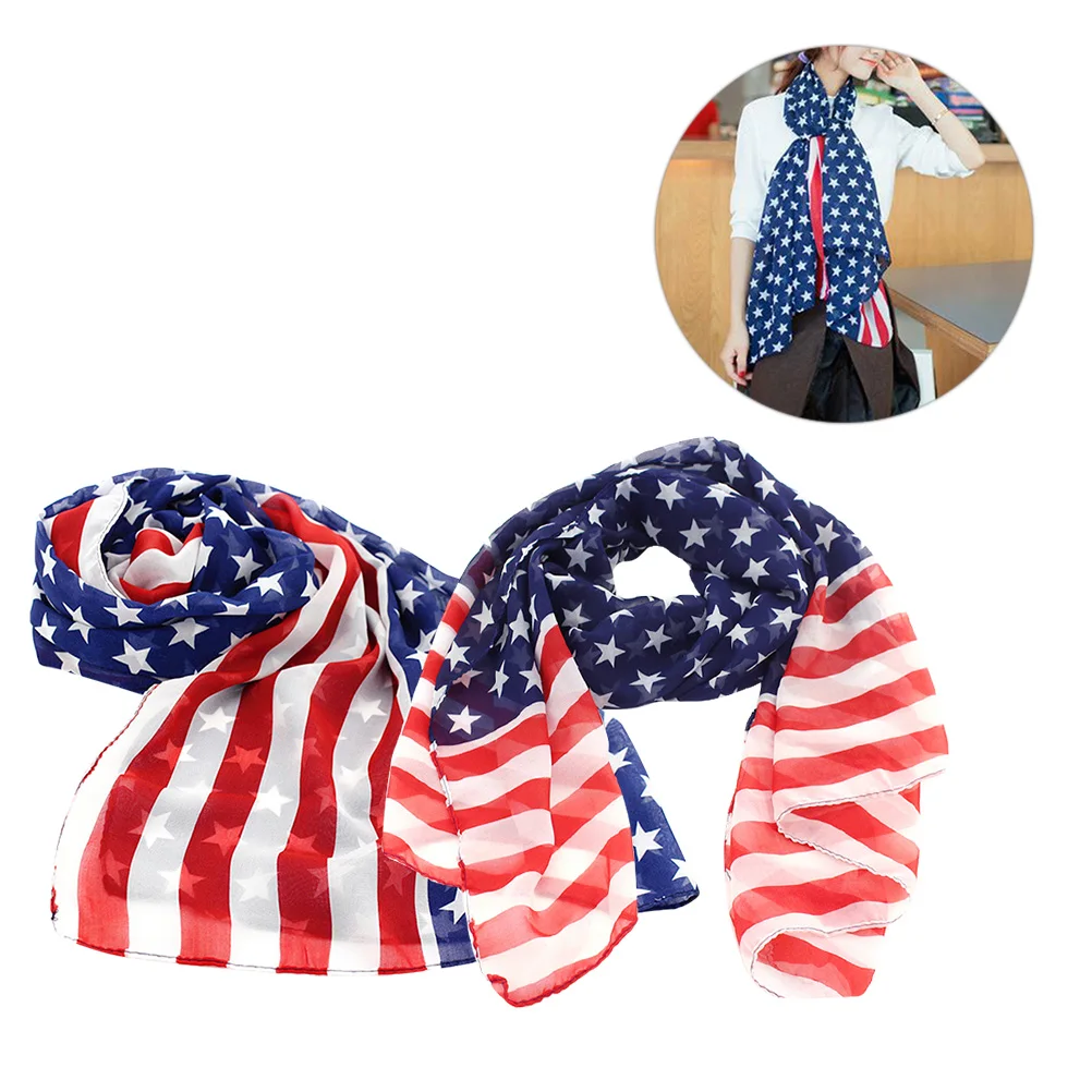 

2PCS Stars Stripes Scarf Women Fashion Chiffon Lightweight Warm Neck Shawl American Flag Pattern MultiUse Long Scarf