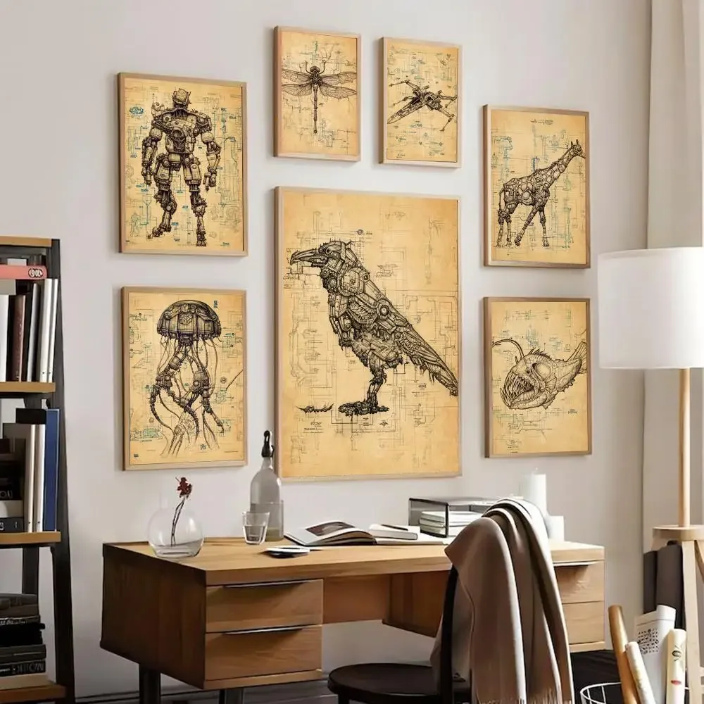 Retro Animal Mechanical Diagram Anatomy Piranha Butterfly Spider Retro Print Poster Paper Sticker Home Living Room Wall Decor