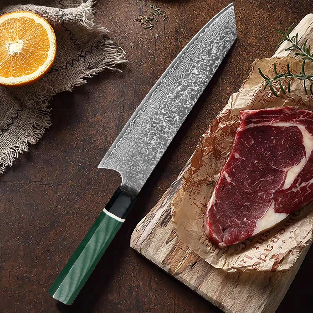 JUMCSONG 8-inch Kiritsuke Knife VG10 Steel Core Sharp Meat Cutting Knife, Japanese Sushi Sashimi Knife, Green G10 Handle Chef's