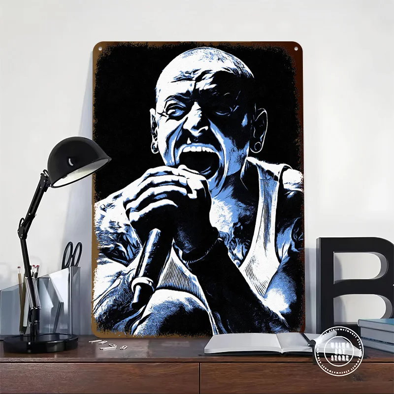 Chester Bennington Singing Portrait Printed Poster Customized Wall Art Retro Vintage Metal Tin Signs for Gamer Room Decoration
