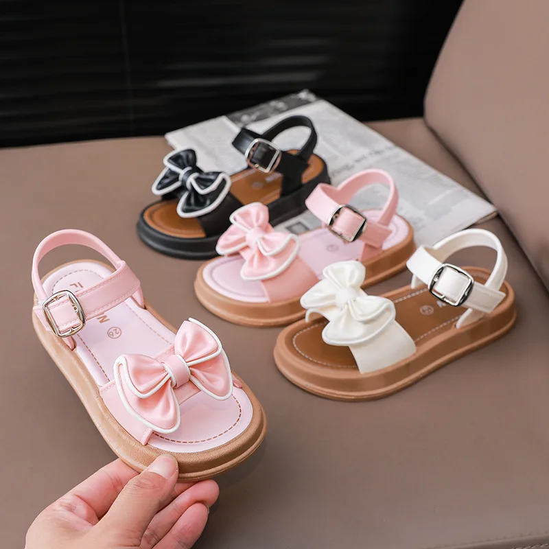 2026New Fashionable Girls Sandals Summer Bow Princess Sandals 3-14 Years Old Students Children Outside Wearing Versatile Sandals