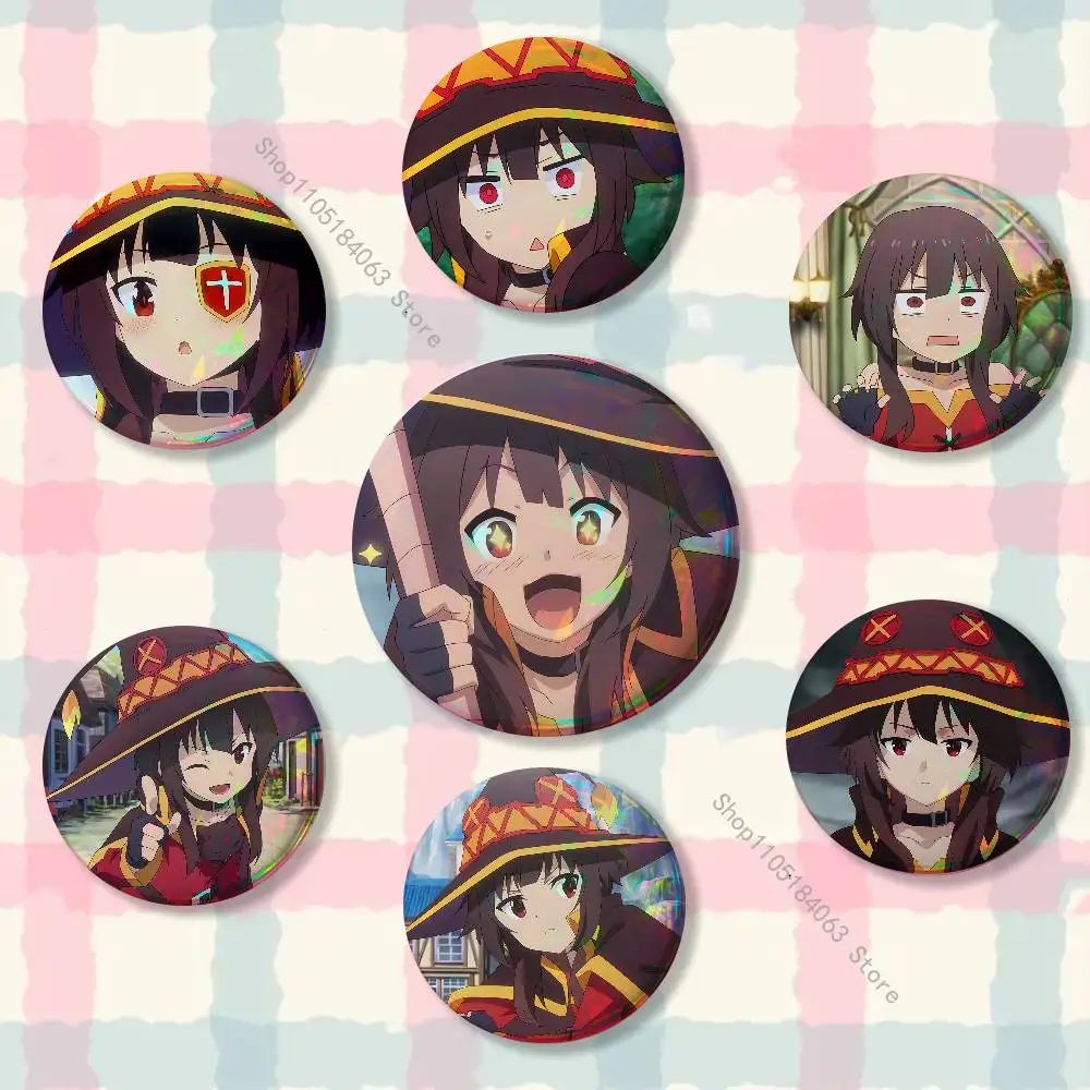 Megumin Anime K-KonoSubaS Laser reflective round badges pins bag clothing decorations collectibles gifts for friends