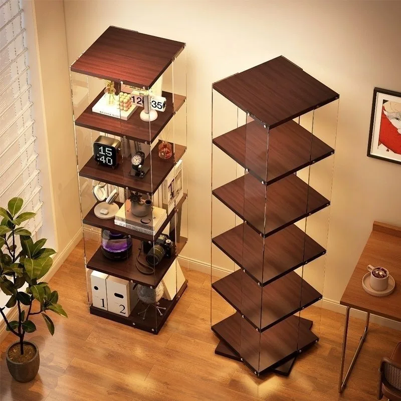 YFY Bookshelf Student Living Room Display Stand Acrylic Transparent Display Cabinet 360 ° Rotating Living Room Shelf
