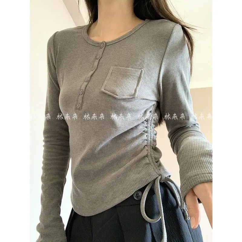 Pure Desire Wind Sweet Spicy Round Neck Button Drawstring Long Sleeve Small Pocket T-shirt Autumn/Winter Base Shirt Elastic Top