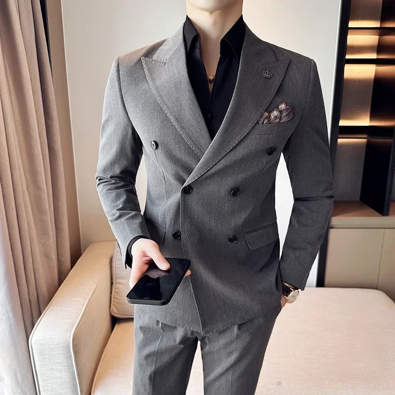 (Jackets+Pants) Luxury Double Breasted Design Slim Fit Suit High Quality Fashion Men\'s Wedding Social Suit Tuxedo 2 Piece Set