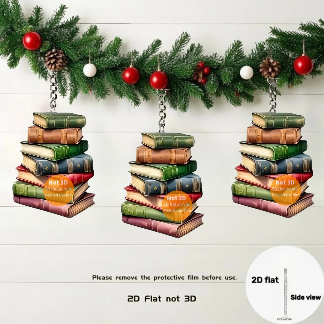 Creative Bookpile Pendant Keychain Book Themed 2D Flat Acrylic Ornament Charms Hanging Decoration for Car Bag Festive Party Gift