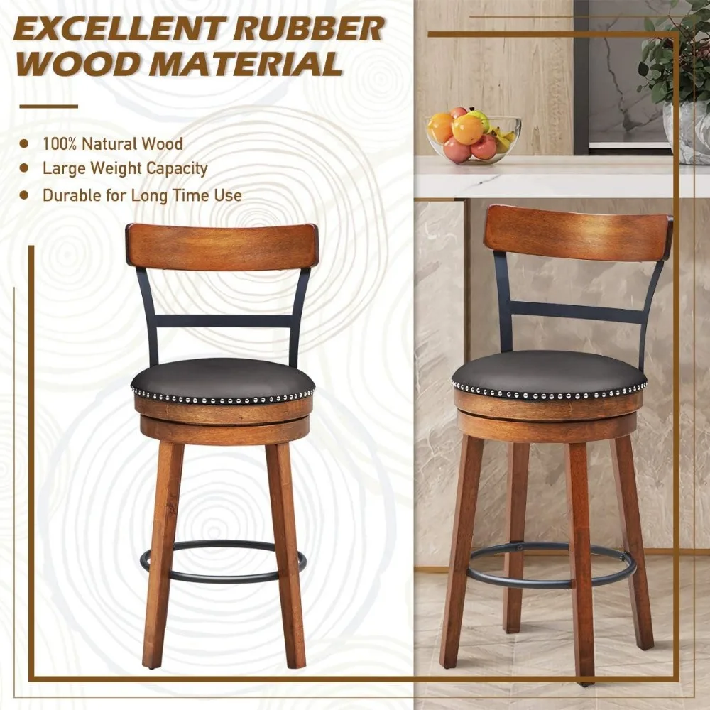 Café Chairs with Leather Padded Seat, Single Slat Ladder Back & Solid Rubber Wood Legs, Height Stools for Pub, Café Chairs