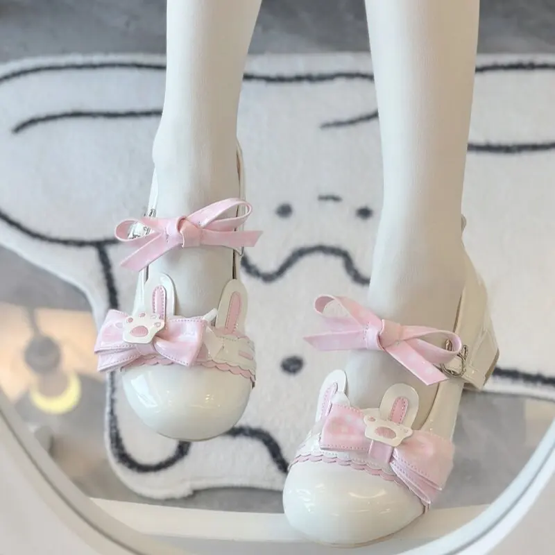 Kawaii Bunny Paw Lolita Mary Jane Shoes Plaid Bow Block Mid Heel Single Strap Cute Women Student Casual Pumps - view 5