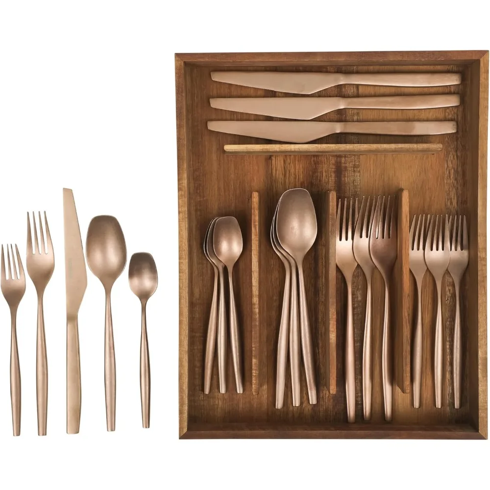 

Набор столовых приборов Bloomhouse из 20 предметов, розовое золото, нержавеющая сталь 18/10, с держателем из дерева акации