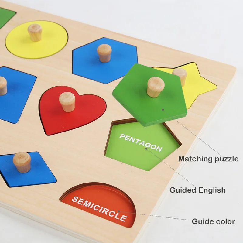 Montessori baby puzzle toys, wooden shape and color matching hand scratching board, geometric early education cognitive toys