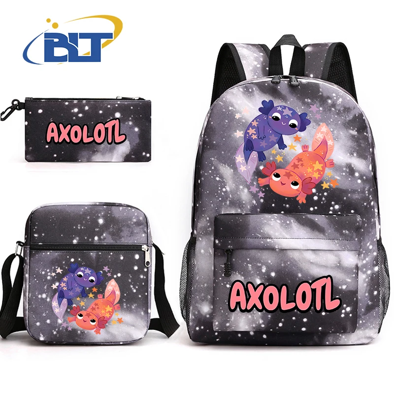 Axolotl-mochila escolar con estampado de dibujos animados para niños, bolso de hombro, estuche para lápices, Juego de 3 piezas, regalo para niños