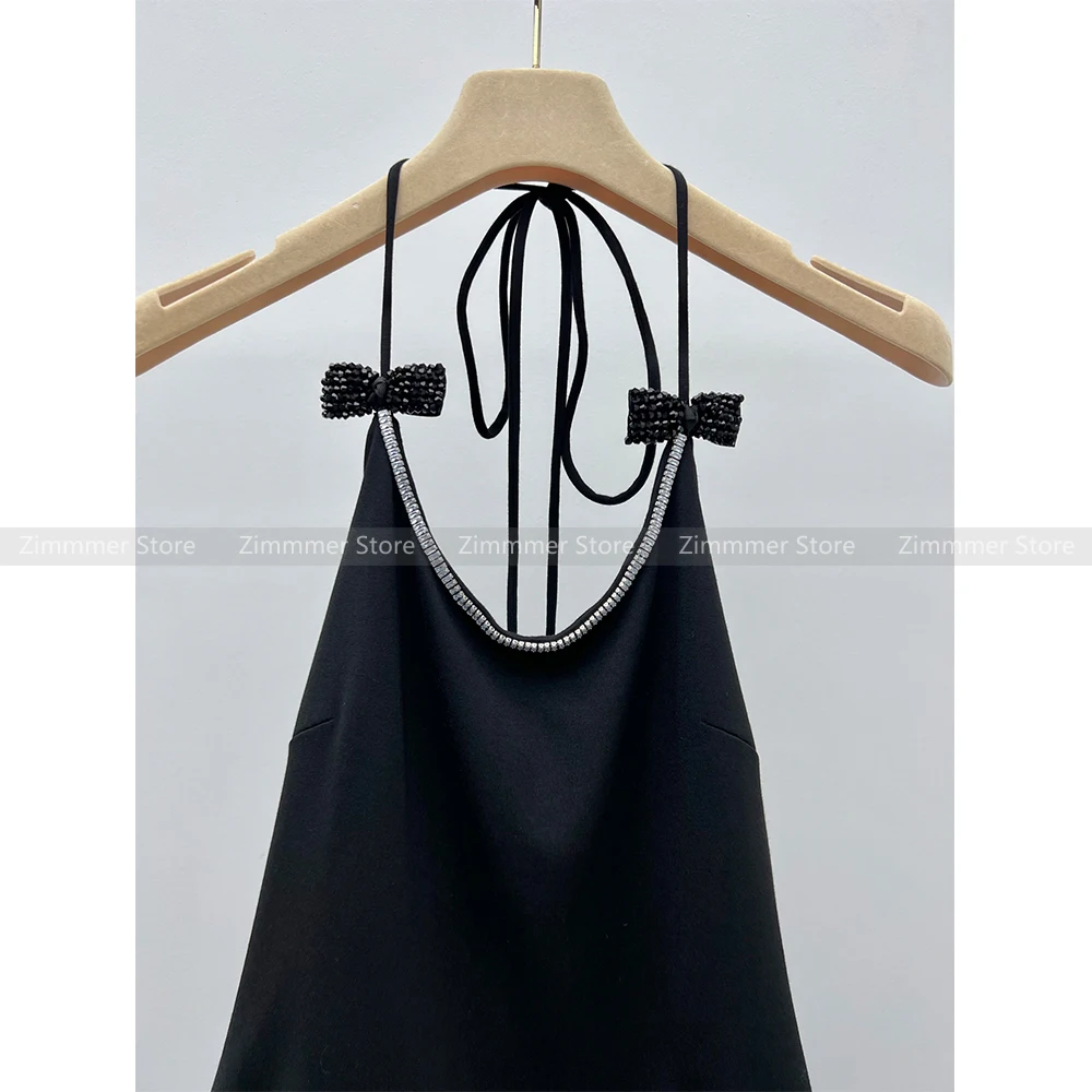 Hot girl pure desire style sexy bow handmade beaded mesh strap halter neck black short suspender dress